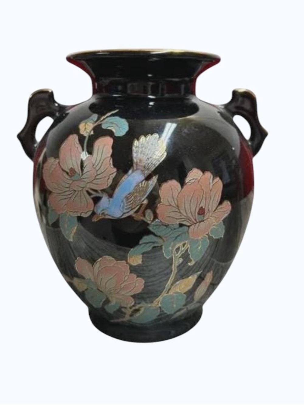 Vintage Japanese Black Porcelain Vase - Blue Bird and Pink Peonies